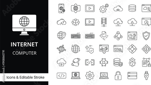 Internet computer icon set with global network cloud data storage server security hardware software coding website interface cad drawing flat vector illustration