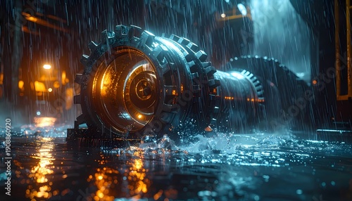 Dramatic close-up of heavy industrial machinery gear wheel splashing through water during a torrential nighttime rainstorm, illuminated by warm and cold light.