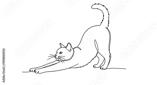 Elegant continuous line drawing of a stretching cat expressing feline flexibility and grace