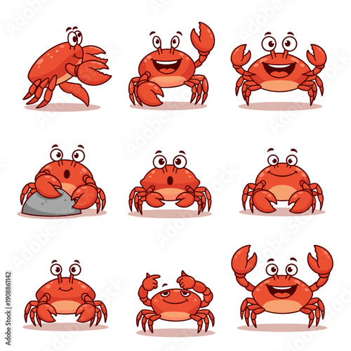 Smiling crabs in various poses and expressions