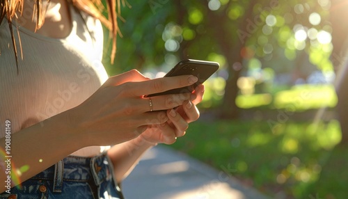 A high-resolution close-up of a woman’s hands holding a modern smartphone while standing in a sunlit public park during late afternoon golden hour.