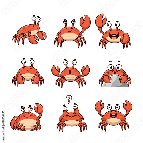 Cartoon crabs with various happy and surprised expressions