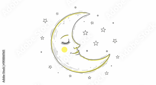 Dreamy crescent moon with face and stars illustration for children designs background