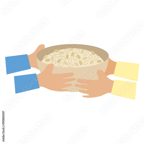 Illustration of giving staple food as zakat al-fitr, symbolizing compassion, sharing, and community care during Ramadan.