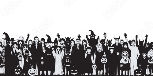 A diverse group of people dressed in various Halloween costumes, including witches, ghosts, devils, and pumpkins, standing together in silhouette.