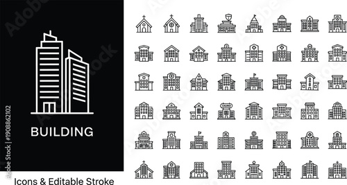 Building and architecture icon set with skyscraper hospital church school house factory stadium office apartment home city real estate construction, cad drawing flat vector illustration