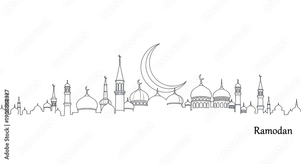 Obraz premium Minimalist ramadan illustration with crescent moon and city silhouette