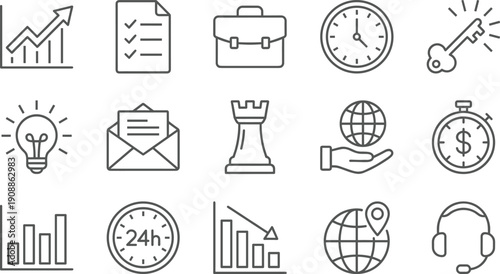 Linear vector icon set for business strategy and global project management featuring growth charts checklists briefcases bright ideas chess pieces and 24h support
