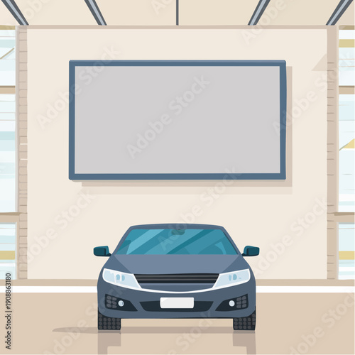 Car Showroom Scene with Empty Billboard