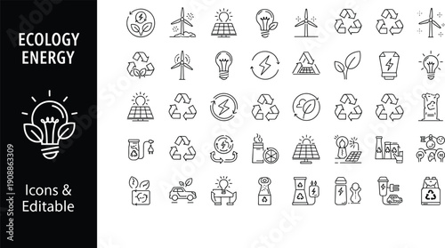 Ecology energy icon set with renewable solar power wind turbine recycling symbol light bulb green environment cad drawing flat vector illustration