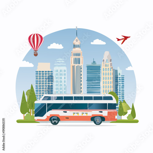 City street with tall buildings, bus, and billboard, viewed from the side in a flat vector illustration