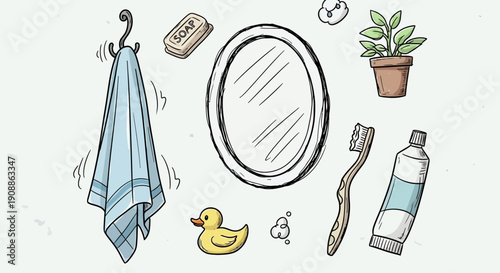 Cute and charming hand-drawn bathroom essentials illustration with a clean and fresh feel good vibes
