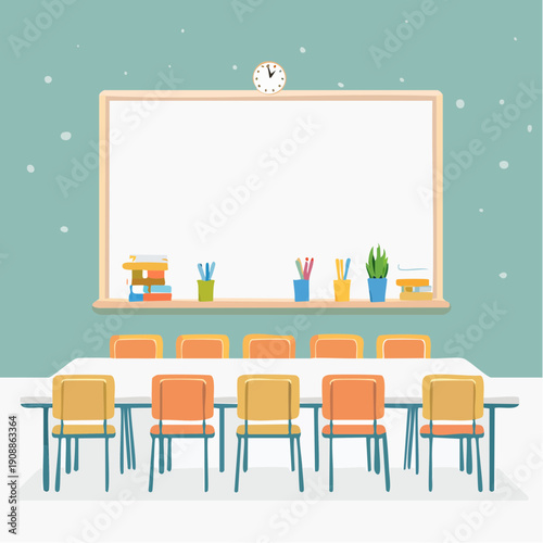 Classroom scene with whiteboard, table, chairs, and school supplies in a snowy environment from a straightforward viewpoint