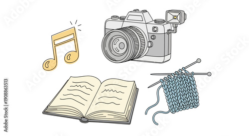 Creative hobbies illustration featuring camera knitting book and music note conveying artistic