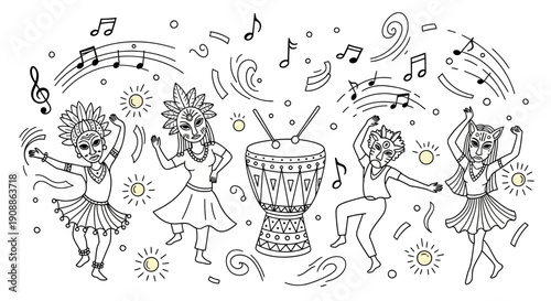 Vibrant carnival celebration featuring dancers in masks and music illustration with a drum and sun