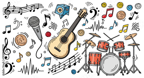 A dynamic illustration showcasing diverse musical instruments and symbols in vibrant colors