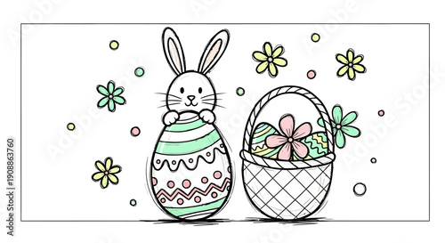 Delightful Easter Bunny Holding a Decorated Egg Next to a Basket Filled with Goodies