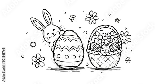 Delightful easter illustration featuring a charming bunny, decorated eggs, and a basket of spring