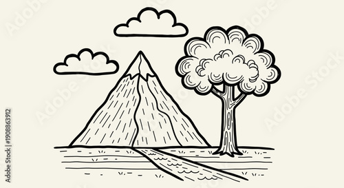Minimalist mountain landscape illustration with a tree and clouds in vector format graphic