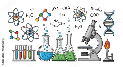 Colorful science elements and formulas, a sketch of chemistry laboratory equipment and molecules