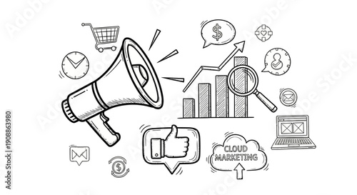 Digital Marketing Strategy Hand Drawn Doodle With Megaphone And Online Icons Concept