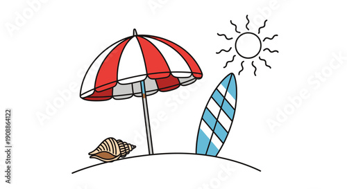 A Vibrant Beach Scene with Umbrella, Surfboard, and Seashell Illustrating Summer Vacation