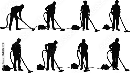 Vacuum cleaner operator silhouette collection in various cleaning poses isolated on white background, professional housekeeping vector illustration set