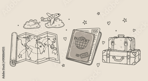 Hand-Drawn Travel Essentials: Map, Passport, Airplane, and Luggage for Adventure Illustration