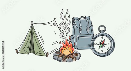 Camping adventure essentials featuring a tent, campfire, backpack and compass illustration