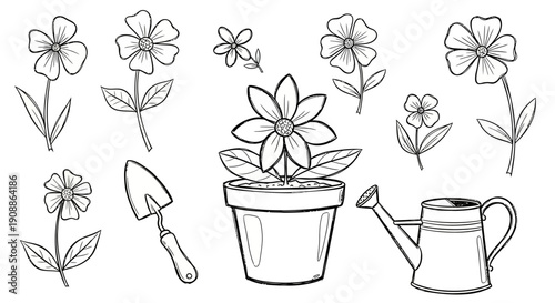 Delicate Hand-Drawn Floral Garden Set: Flowers, Pot, Trowel, and Watering Can Illustration