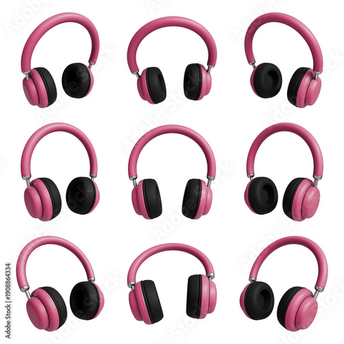 3D illustration of pink and black wireless headphones shown from nine perspectives, modern electronic audio gear on transparent background.