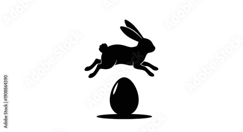 Black silhouette of a rabbit jumping over an egg on white background