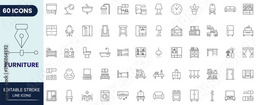 Furniture line icon set. Includes sofa, table, kitchen and more. Editable stroke. Vector illustration.