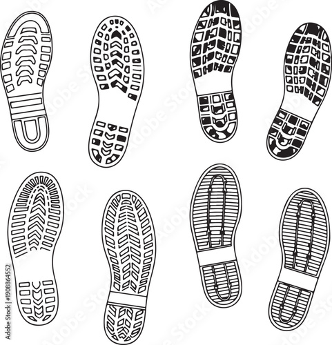 PrintBlack and white sketch illustration of various shoe sole prints
