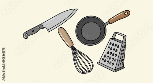 Cartoon illustration of kitchen utensils including a knife whisk pan and grater in a playful