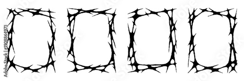 Y2k neo-tribal graphic frame shape asset. Hand drawn gothic black elements. Rectangle frame background with spike and thorn edges.
