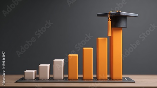 Elegant poto of Graduation cap on top of an increasing bar chart, symbolizing academic success, educational growth, and achievement