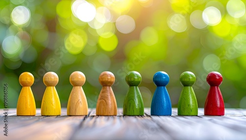 Colorful wooden pawns in a line, blurred green background