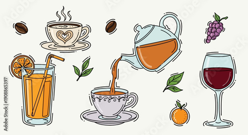 Variety of beverages illustration showcasing different types of drinks and fruits isolated in