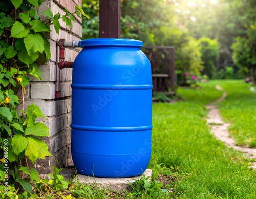 Blue water barrel collects rain next to brick wall, garden