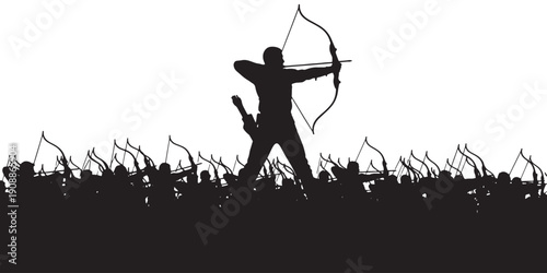 Silhouette of an archer aiming a bow and arrow with a crowd of archers in the background.