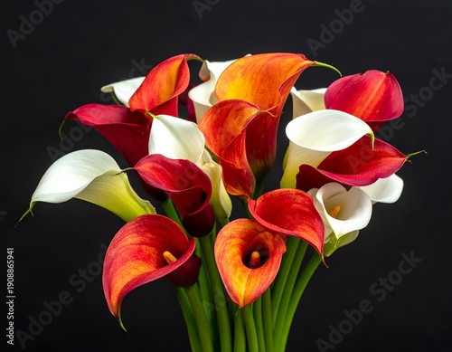 Vibrant bouquet of white, red, and orange calla lilies