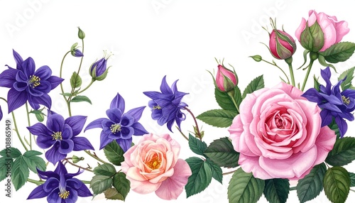 Pink roses and purple columbines adorn border