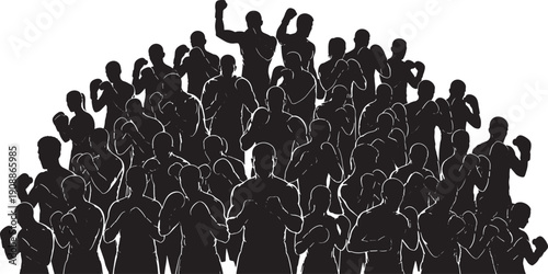 Silhouette of a large group of boxers in a crowd, some with fists raised in victory.