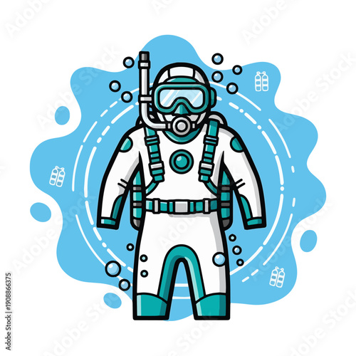Scuba diver in white and teal gear standing in front of blue splash
