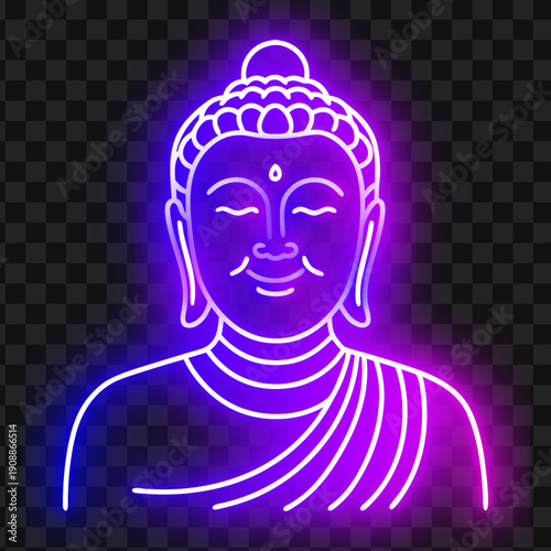 Neon Buddha Portrait, Spiritual Enlightenment Icon, Glowing Dharma Symbol