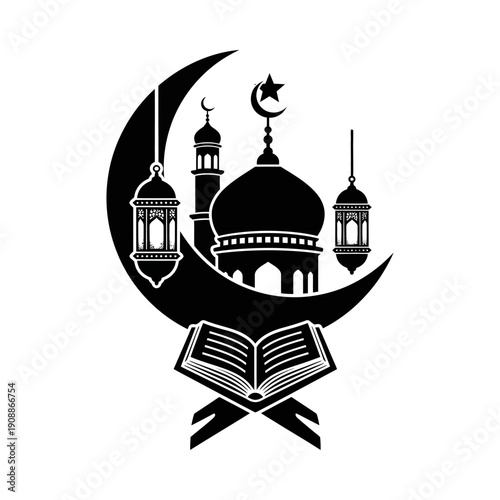 Ramadan symbol with mosque crescent moon lanterns and quran on white background representing islamic culture and faith