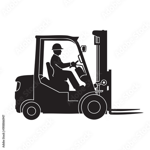 Forklift operator silhouette driving industrial forklift truck symbolizing logistics material handling and warehouse operations