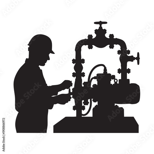 Industrial worker silhouette operating complex machinery with valves and pipes in manufacturing plant setting for energy production and engineering service vector illustration showing manual labor