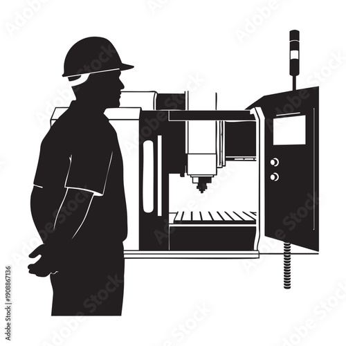 Industrial worker in safety helmet standing by modern cnc machine tool in workshop silhouette vector illustration professional engineer operating automated equipment for precision metal manufacturing